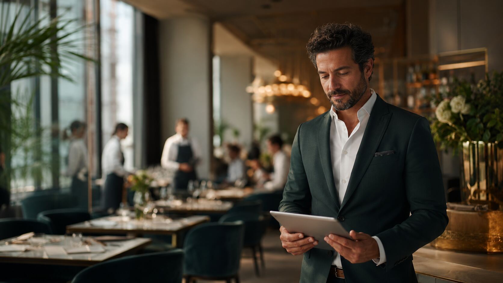 Restaurantmanager mit Tablet in einem stilvollen Restaurant