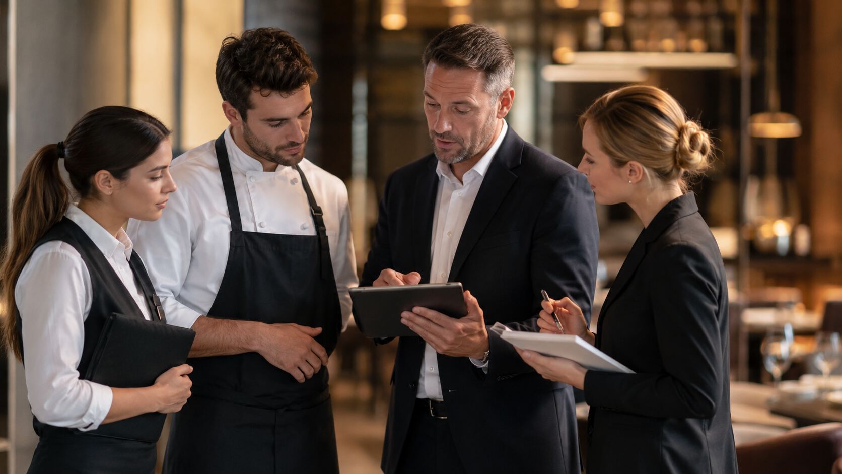 Betriebsleitung mit Tablet im Restaurant